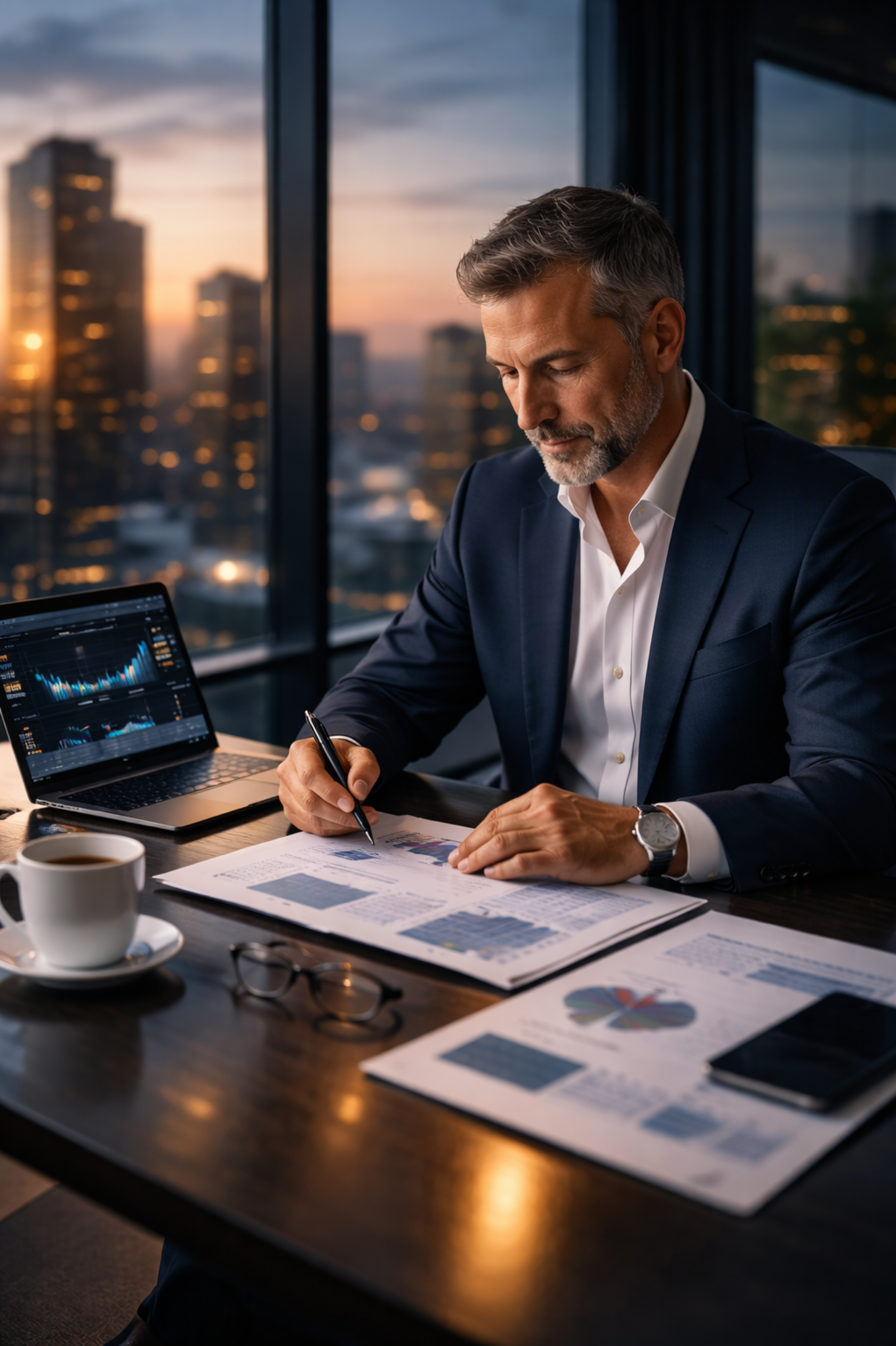 Executive reviewing financial and operational analytics for business growth strategy